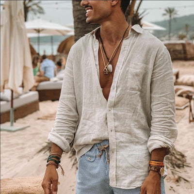 Men’s Long Sleeve Shirt – Cotton Linen Blend – Relaxed Fit – Button-Up Casual Wear