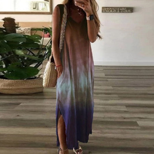 Women’s Maxi Dress – Gradient Design – Cotton Blend – Sleeveless – High Slit – Relaxed Fit