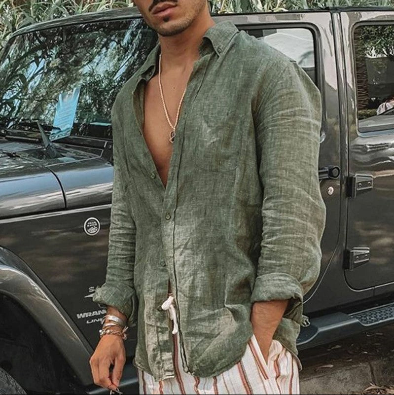 Men’s Long Sleeve Shirt – Cotton Linen Blend – Relaxed Fit – Button-Up Casual Wear