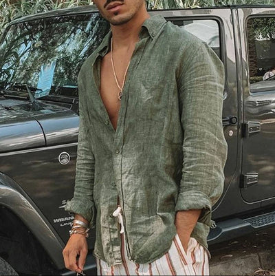 Men’s Long Sleeve Shirt – Cotton Linen Blend – Relaxed Fit – Button-Up Casual Wear