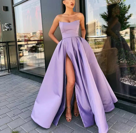 Women’s Evening Gown – Strapless Luxury Fabric – Fitted Bodice – Full Skirt with Slit