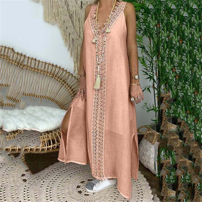 Women’s Maxi Dress – Flowing A-Line Fit – Lace Detail – Natural Fibers – V-Neck – Side Slits