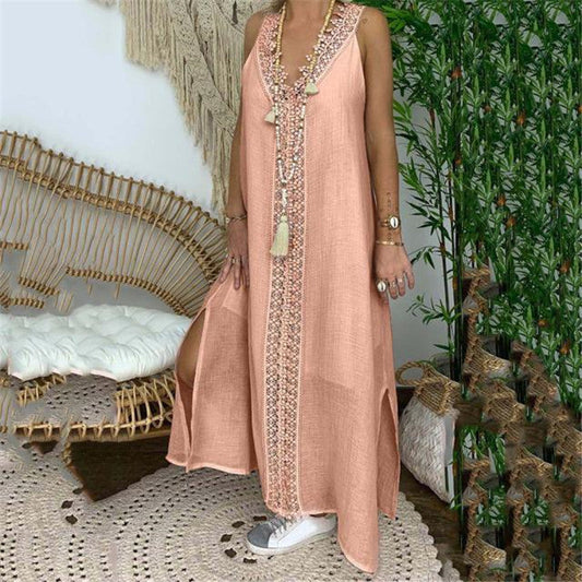 Women’s Maxi Dress – Flowing A-Line Fit – Lace Detail – Natural Fibers – V-Neck – Side Slits