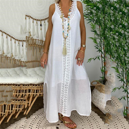 Women’s Maxi Dress – Flowing A-Line Fit – Lace Detail – Natural Fibers – V-Neck – Side Slits
