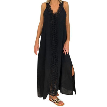 Women’s Maxi Dress – Flowing A-Line Fit – Lace Detail – Natural Fibers – V-Neck – Side Slits