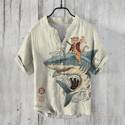 Men’s Casual Shirt – Relaxed Fit – Short Sleeve – Henley Neck – Artistic Cat Graphic