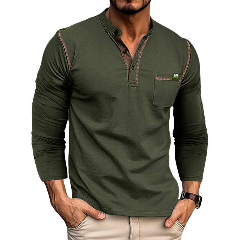 Men’s Henley Shirt - Long Sleeve - Tailored Fit - Buttoned Placket - Chest Pocket