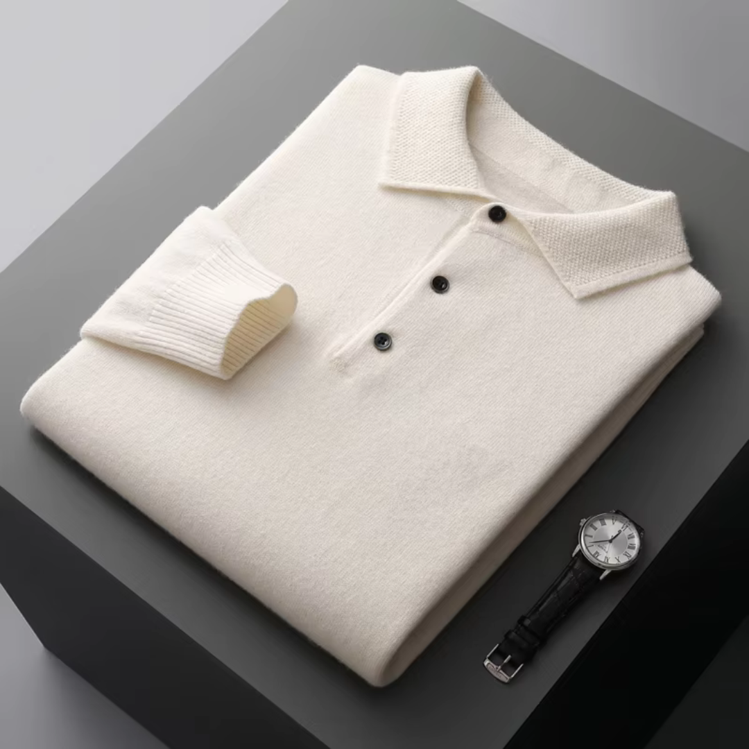 Men’s Polo Sweater – Merino Wool – Standard Fit – Button Placket – Ribbed Trim