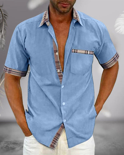Men’s Short Sleeve Shirt – Regular Fit – Breathable Blend – Plaid Trim Casual Style