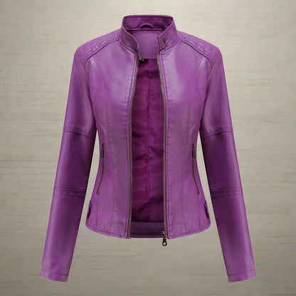Women’s Jacket – Slim Fit – Biker Style – Zippered Pockets – Band Collar