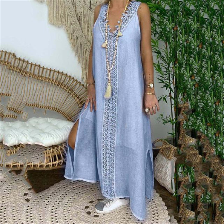 Women’s Maxi Dress – Flowing A-Line Fit – Lace Detail – Natural Fibers – V-Neck – Side Slits