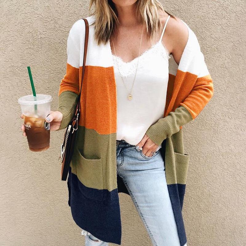 Women’s Knitted Cardigan – Relaxed Fit – Open Front – Long Sleeve – Colour Block – Pockets