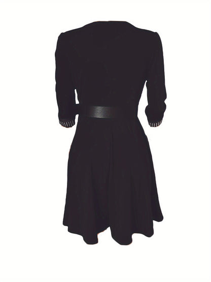 Women's A-Line Dress - V-Neck Embellished - 3/4 Sleeve Midi - Belted Waist