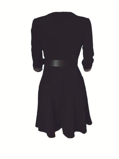 Women's A-Line Dress - V-Neck Embellished - 3/4 Sleeve Midi - Belted Waist