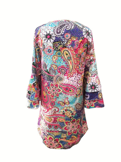 Women's Dress - V-Neck - Long Sleeve - Flowy Lightweight Paisley Boho Style