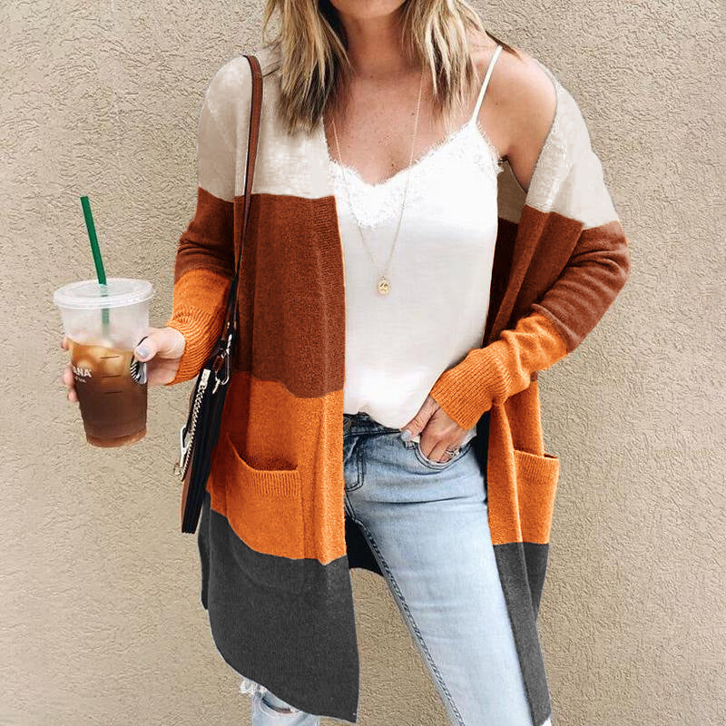 Women’s Knitted Cardigan – Relaxed Fit – Open Front – Long Sleeve – Colour Block – Pockets