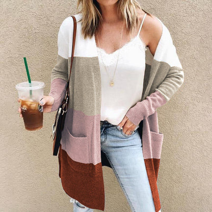 Women’s Knitted Cardigan – Relaxed Fit – Open Front – Long Sleeve – Colour Block – Pockets
