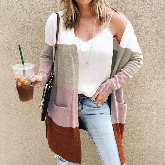 Women’s Knitted Cardigan – Relaxed Fit – Open Front – Long Sleeve – Colour Block – Pockets