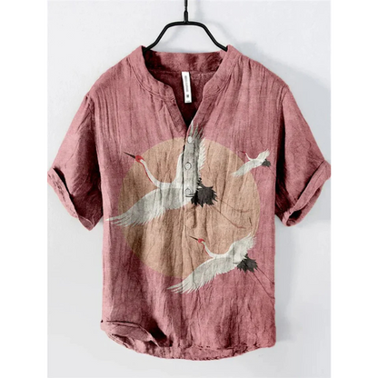Men’s Casual Shirt – Relaxed Fit – Short Sleeve – Henley Neck – Artistic Cat Graphic