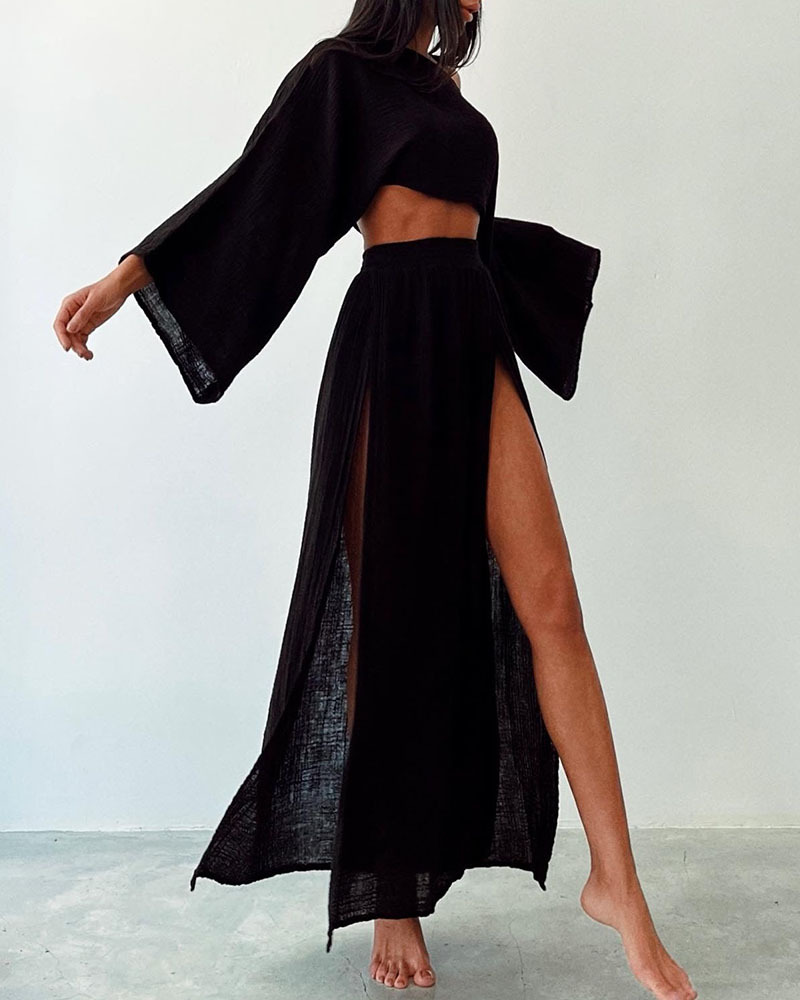 Women's Two-Piece Set - Off-Shoulder Long Sleeve Top & High-Waisted Maxi Skirt