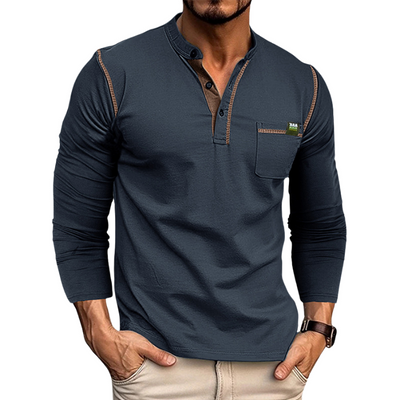 Men’s Henley Shirt - Long Sleeve - Tailored Fit - Buttoned Placket - Chest Pocket