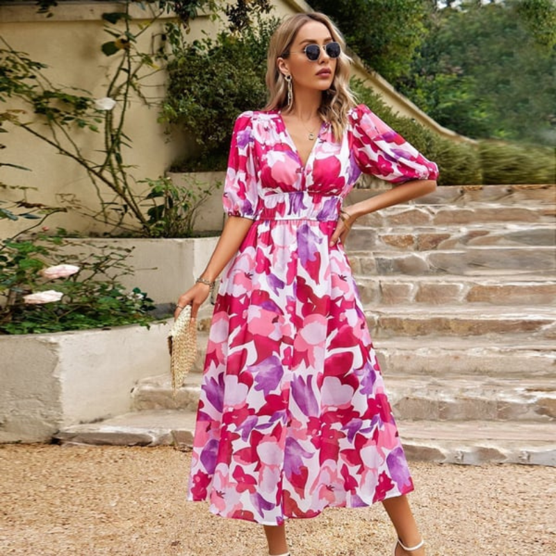Women’s Midi Dress – A-Line Fit – V-Neck – Puff Sleeve – Breathable Blend Fabric