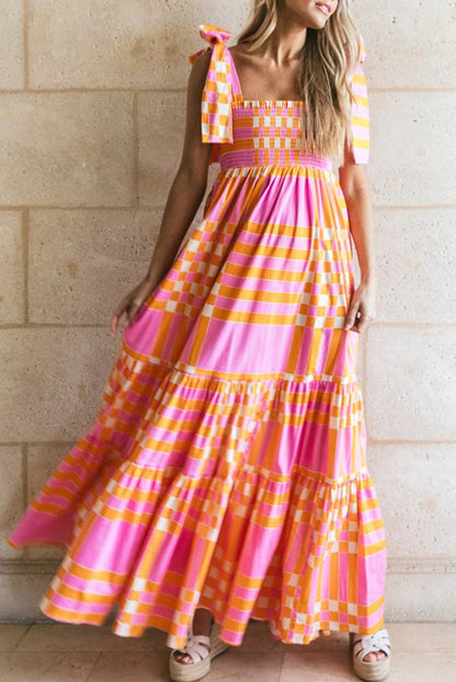 Women’s Maxi Dress – A-Line Fit – Bow Straps – Lightweight Woven – Checkered Pattern