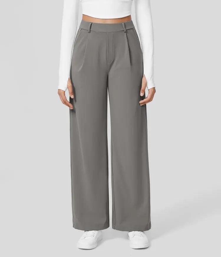 Women's Wide-Leg Trousers - High Waist - Pleated Front - Full Length - Side Pockets