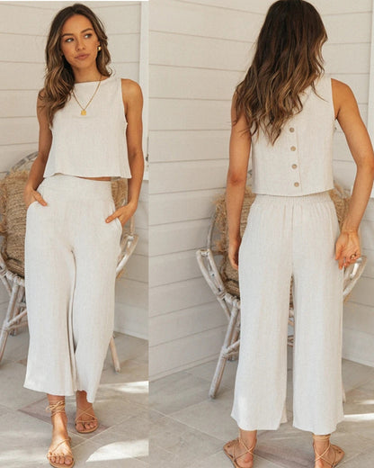Women’s Lounge Set – Sleeveless Crop Top – Wide Leg Pants – Lightweight Cotton Blend