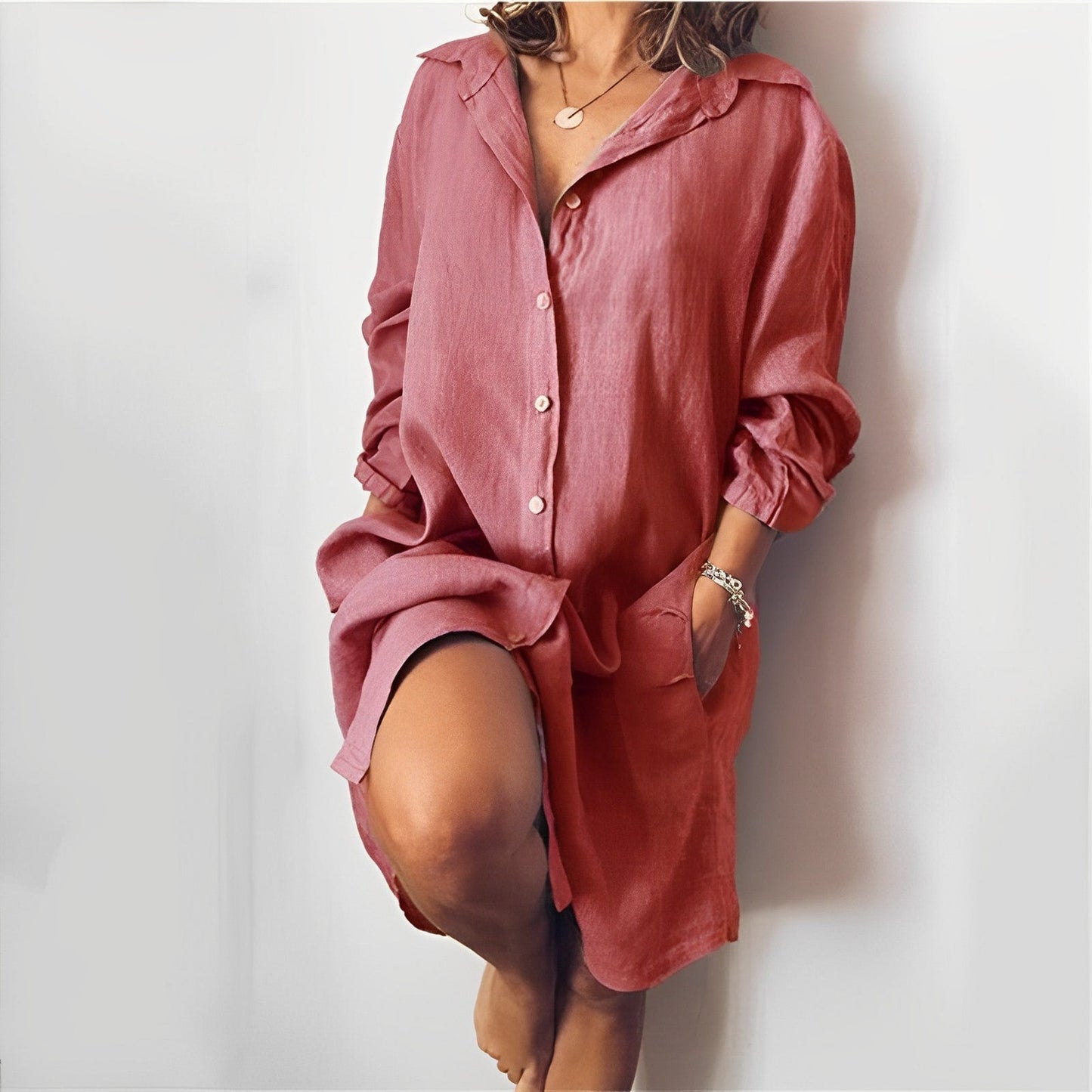 Women’s Blouse – Relaxed Fit – Natural Fibers – Button Front – Mid-Thigh Length – Long Sleeve