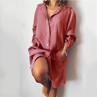 Women’s Blouse – Relaxed Fit – Natural Fibers – Button Front – Mid-Thigh Length – Long Sleeve