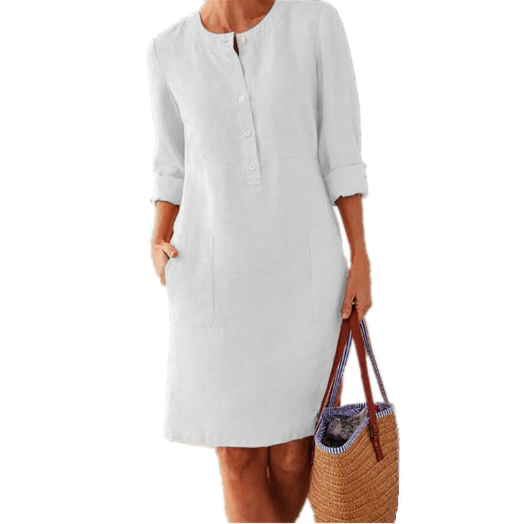 Women’s Midi Dress – Relaxed Fit – Natural Fibers – Button Front – Long Sleeve – Pockets