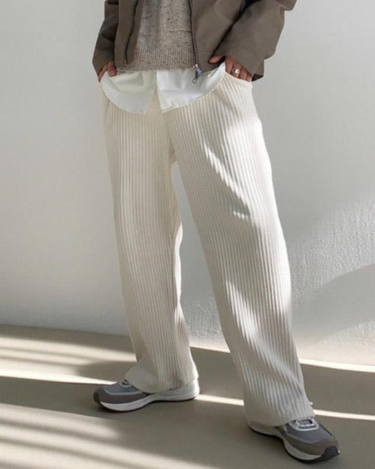 Men’s Casual Pants – Relaxed Fit – Ribbed Texture – Full Length – Tapered Leg