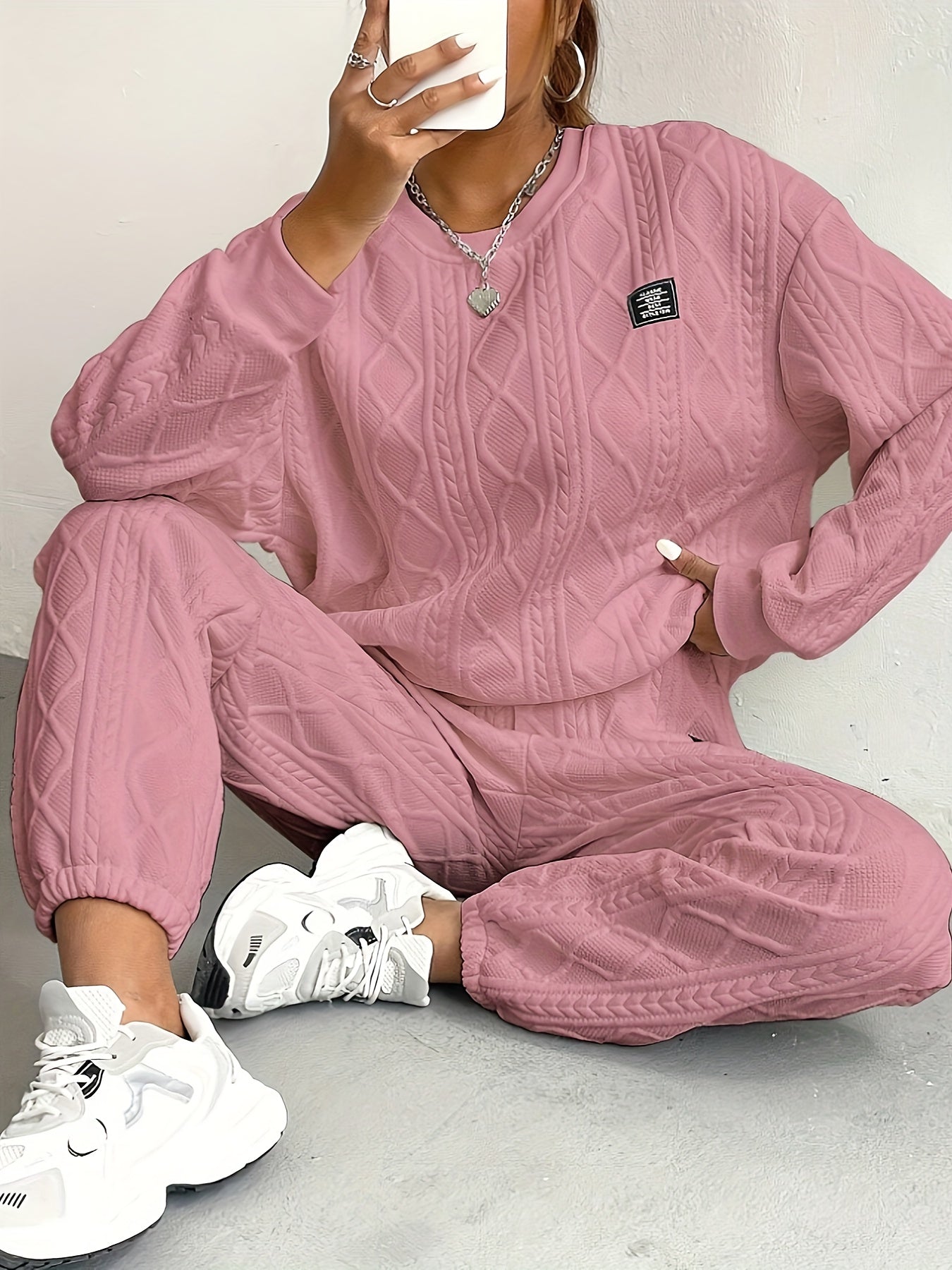Women’s Lounge Set – Cable Knit – Relaxed Fit – Ribbed Cuffs – Full Length Cozy Wear