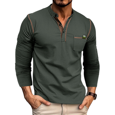Men’s Henley Shirt - Long Sleeve - Tailored Fit - Buttoned Placket - Chest Pocket