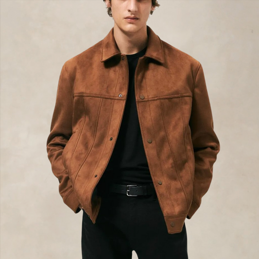 Men’s Suede Jacket – Regular Fit – Button-Up Front – Classic Collar – Hip Length