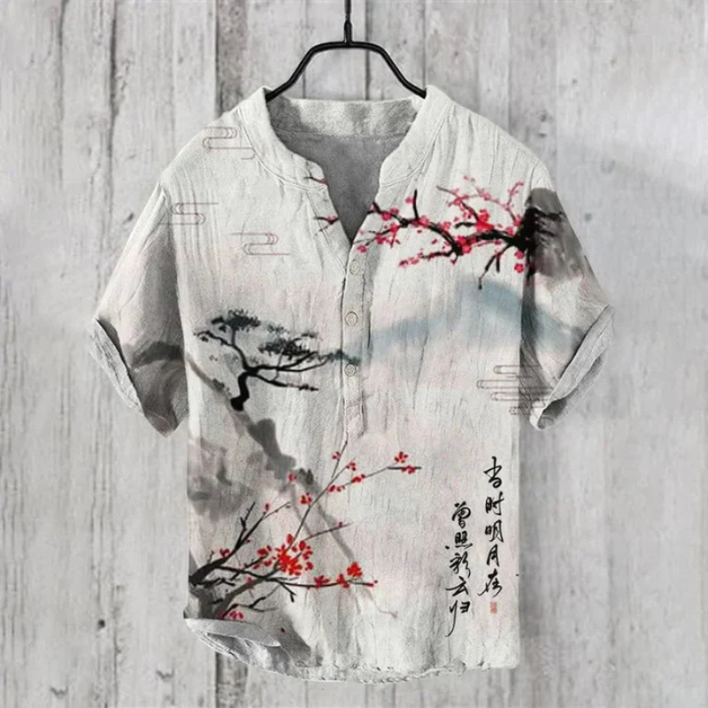 Men’s Casual Shirt – Relaxed Fit – Short Sleeve – Henley Neck – Artistic Cat Graphic