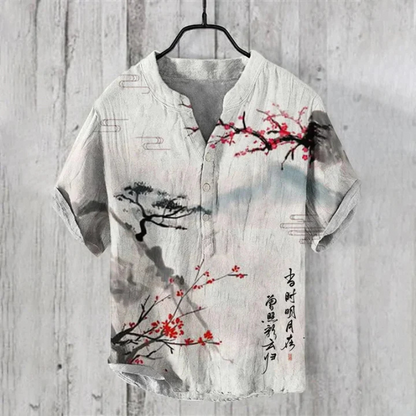 Men’s Casual Shirt – Relaxed Fit – Short Sleeve – Henley Neck – Artistic Cat Graphic