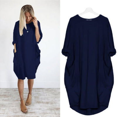 Women’s Midi Dress – Relaxed Fit – Breathable Blend – Round Neck – Side Pockets