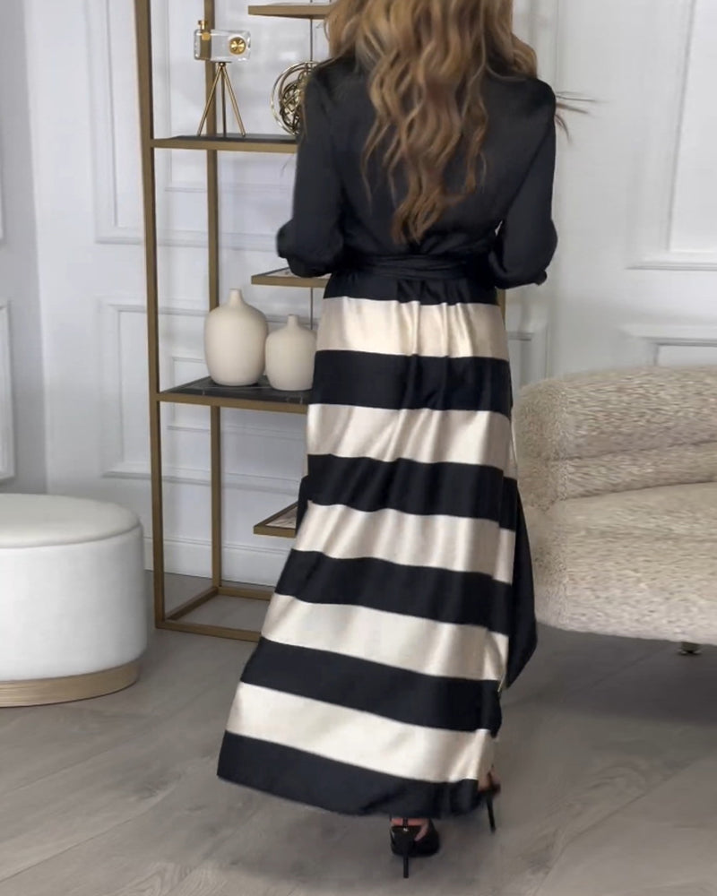 Women's Maxi Shirt Dress - Button-Up Long Sleeve - Striped Flowing Skirt - Belted Waist