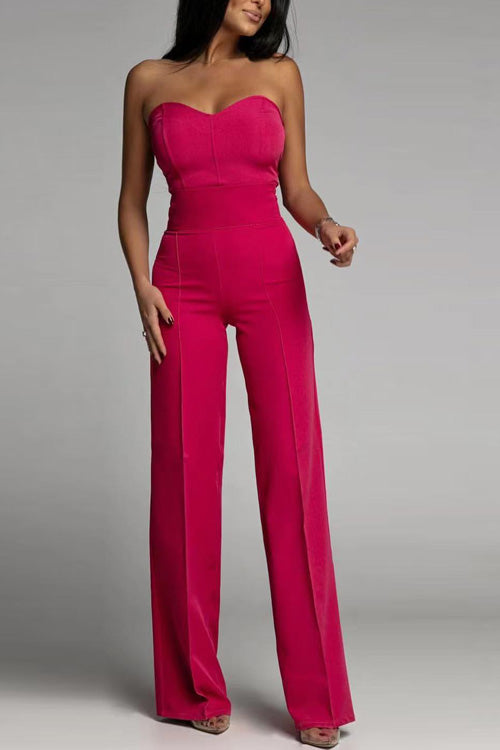 Women's Strapless Jumpsuit - Fitted Bodice - High-Waisted Flared Leg - Elegant Formal Wear