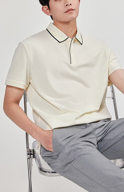Men's Polo Shirt - Crisp Contrast Collar - Short Sleeve - Casual Elegance