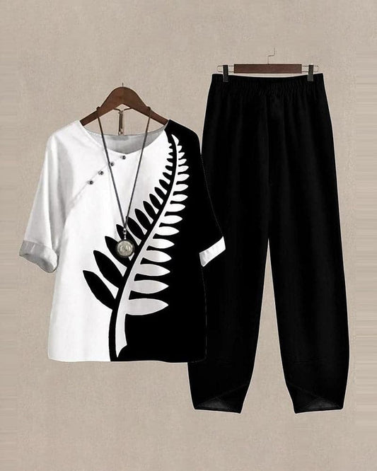 Women’s Two-Piece Set – Loose Fit – Leaf Print Detail – Breathable Blend – Short Sleeve