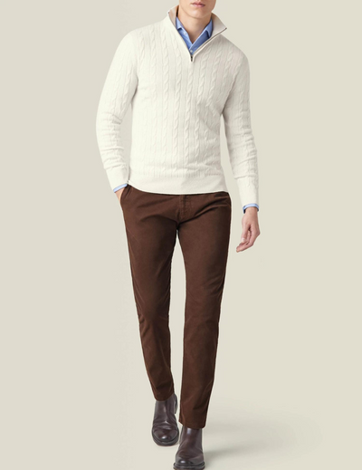 Men’s Cable Knit Sweater – Wool Blend – Half Zip – Stand Collar – Smart Casual Fit
