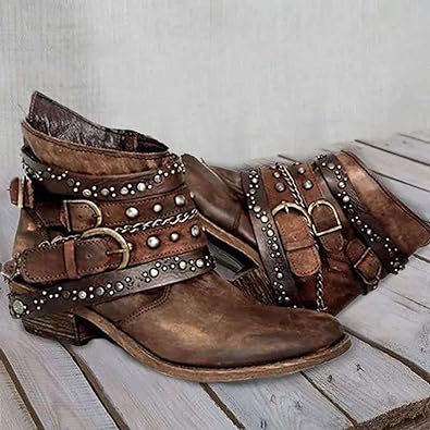 Women’s Ankle Boots – Leather – Studded Straps – Buckle and Chain Detail – Structured Fit