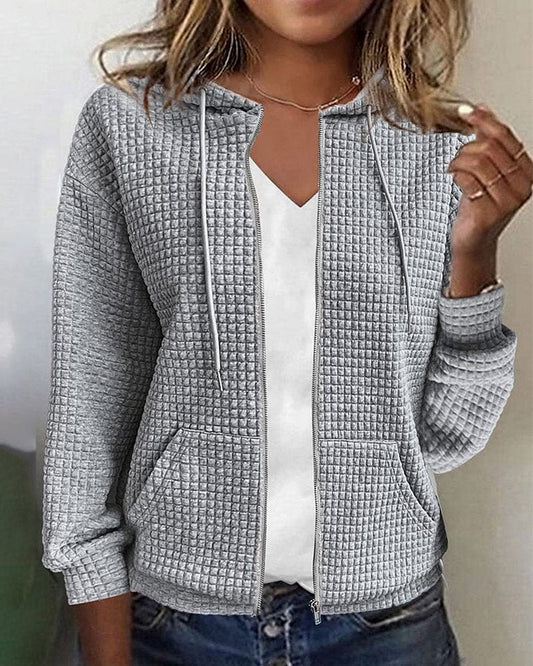 Women’s Hooded Jacket – Quilted Texture – Relaxed Fit – Warm Hip-Length Casual Layer