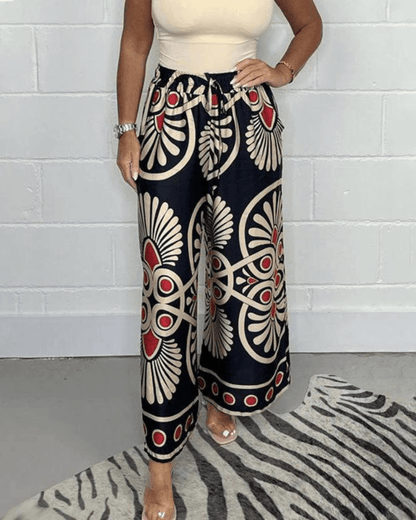 Women's Wide-Leg Palazzo Trousers - High Waist - Elastic Drawstring - Flowing Fit