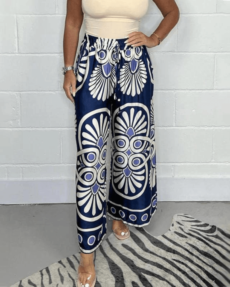 Women's Wide-Leg Palazzo Trousers - High Waist - Elastic Drawstring - Flowing Fit