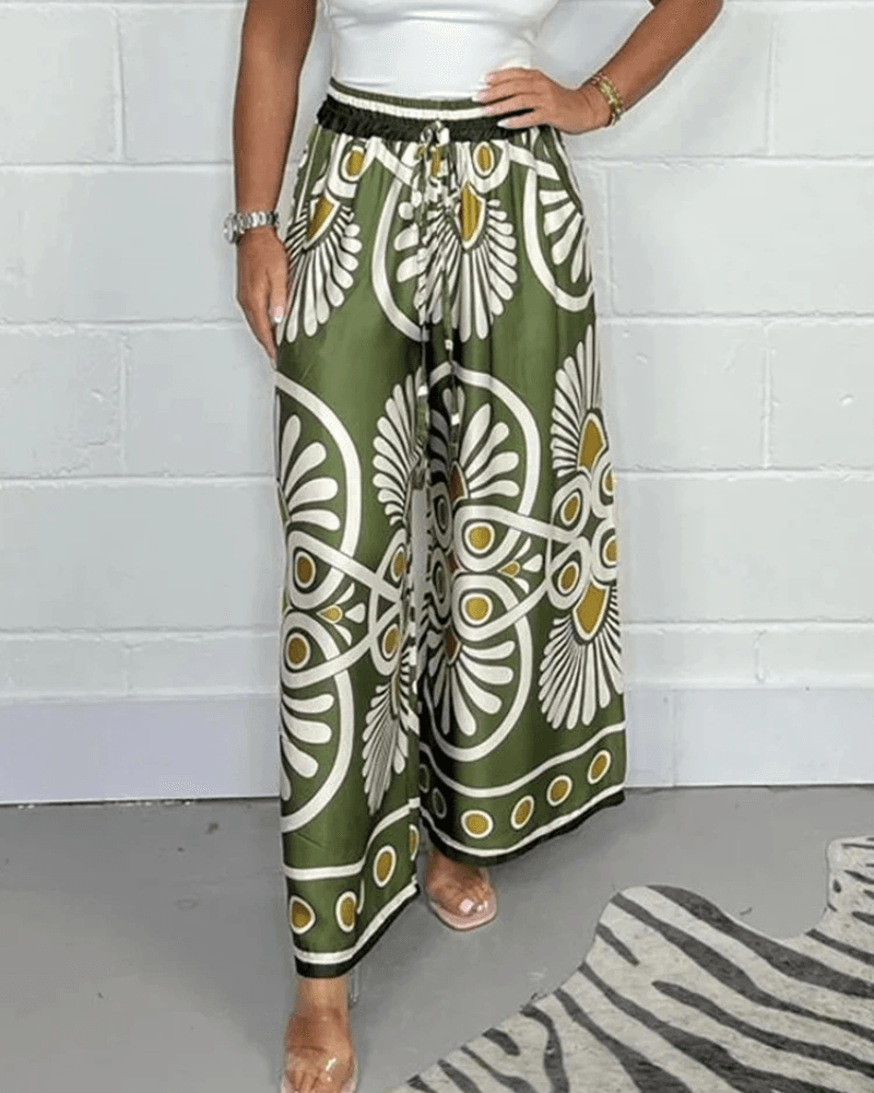 Women's Wide-Leg Palazzo Trousers - High Waist - Elastic Drawstring - Flowing Fit