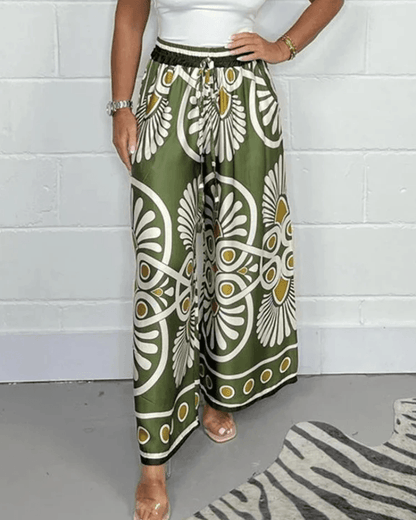 Women's Wide-Leg Palazzo Trousers - High Waist - Elastic Drawstring - Flowing Fit